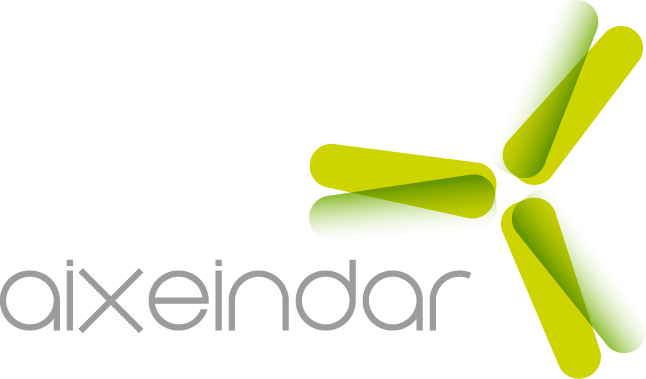 Logotipo Aixeindar en color, con el nombre de la empresa a la izquierda en gris junto al dibujo de un aerogenerador en verde.